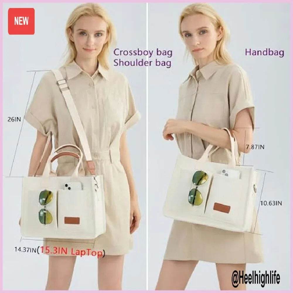 Large Canvas Tote Bag with Laptop Compartment for Work Travel